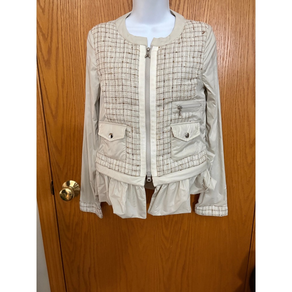 Patrizia Pepe Tweed Puffer Jacket Cream Beige Peplum Hem Size 40 IT